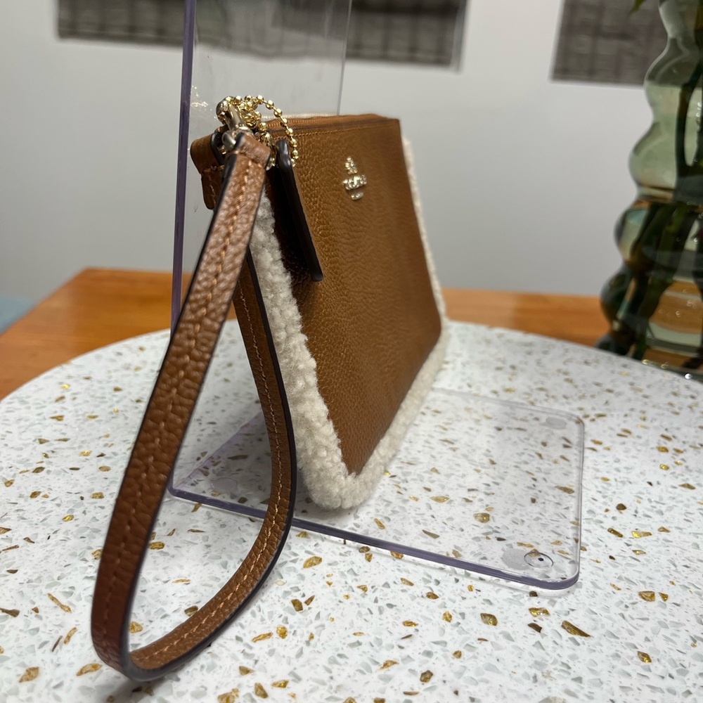 Coach Brown Leather and Sherpa Trim Large Wristlet - Picture 3 of 9